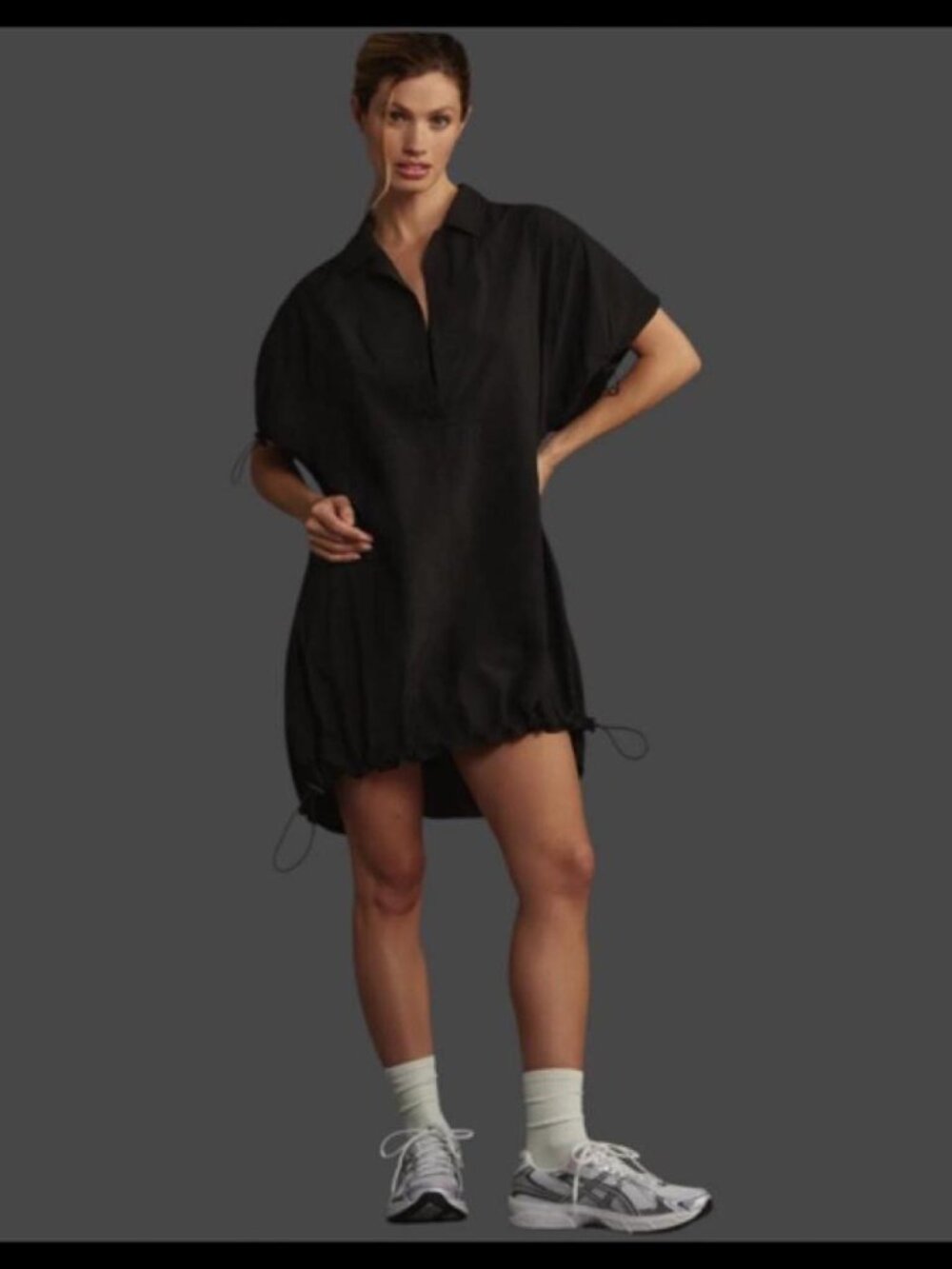 Black Mini Shirt Dress with Drawstring Hem